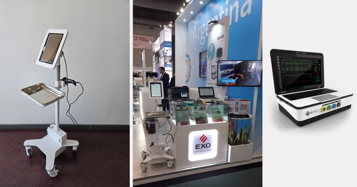 Stand de EXO en Expo Med Hospitalar exhibiendo el Módulo de Enfermería Móvil EXO (MEMO) y el Centro de Diagnóstico Móvil (CDM)